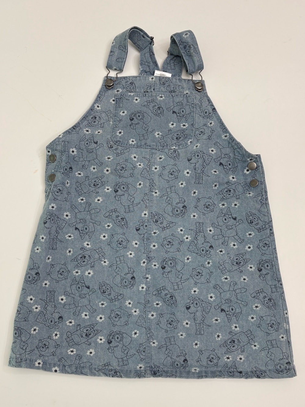 Bluey Girls Denim Overall Dress with Cartoon Print - Light Blue Size 7-8